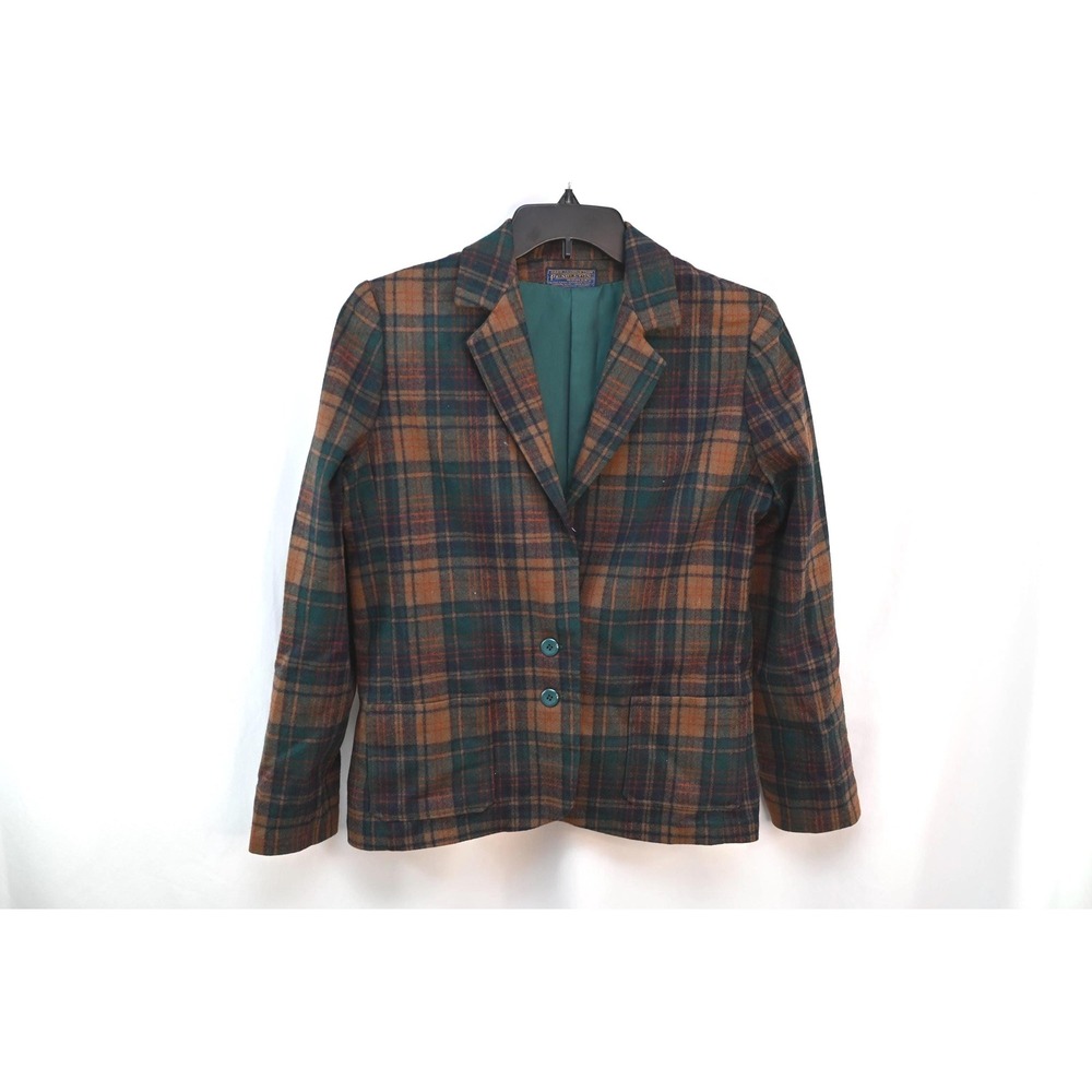 Vintage Pendleton Wool Plaid Blazer Green Blue Hand Tailored Jacket Womens